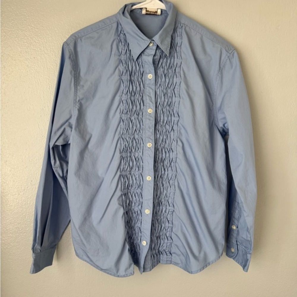 Jones New York Sport Blue Button Down Shirt Petite Large – Pleated Front Blouse